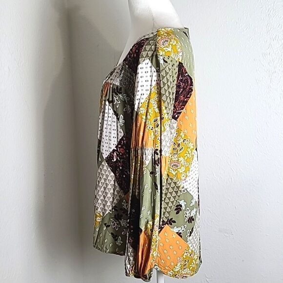 Colorful Longsleeve Patchwork Top, Shirred Elastic Neckline, Size Medium - Picture 5 of 8